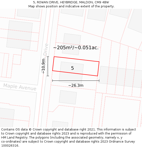 5, ROWAN DRIVE, HEYBRIDGE, MALDON, CM9 4BW: Plot and title map