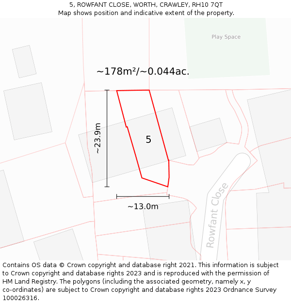 5, ROWFANT CLOSE, WORTH, CRAWLEY, RH10 7QT: Plot and title map