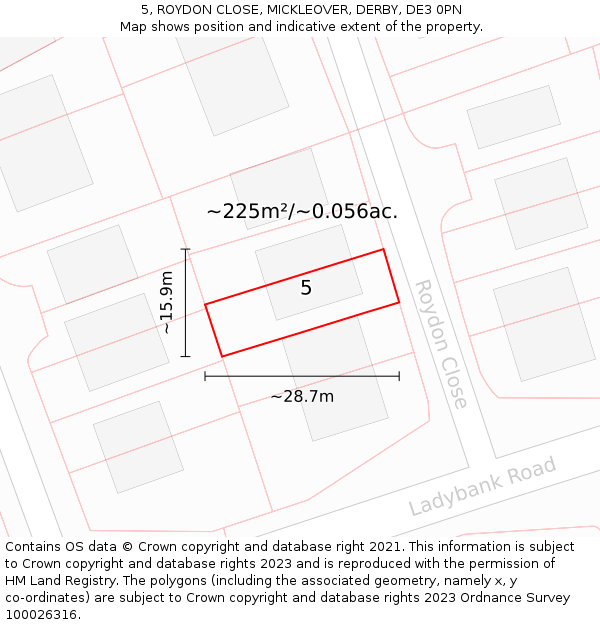 5, ROYDON CLOSE, MICKLEOVER, DERBY, DE3 0PN: Plot and title map