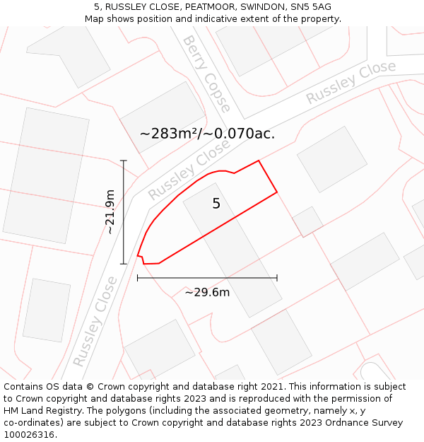 5, RUSSLEY CLOSE, PEATMOOR, SWINDON, SN5 5AG: Plot and title map