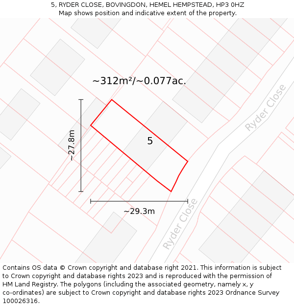5, RYDER CLOSE, BOVINGDON, HEMEL HEMPSTEAD, HP3 0HZ: Plot and title map