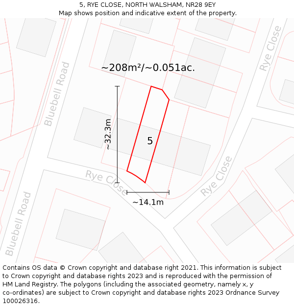 5, RYE CLOSE, NORTH WALSHAM, NR28 9EY: Plot and title map