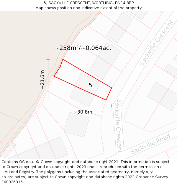 5, SACKVILLE CRESCENT, WORTHING, BN14 8BP: Plot and title map
