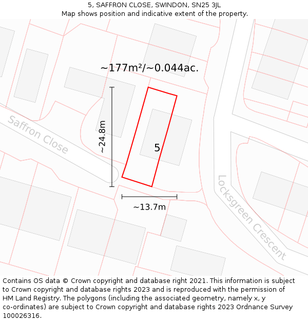5, SAFFRON CLOSE, SWINDON, SN25 3JL: Plot and title map
