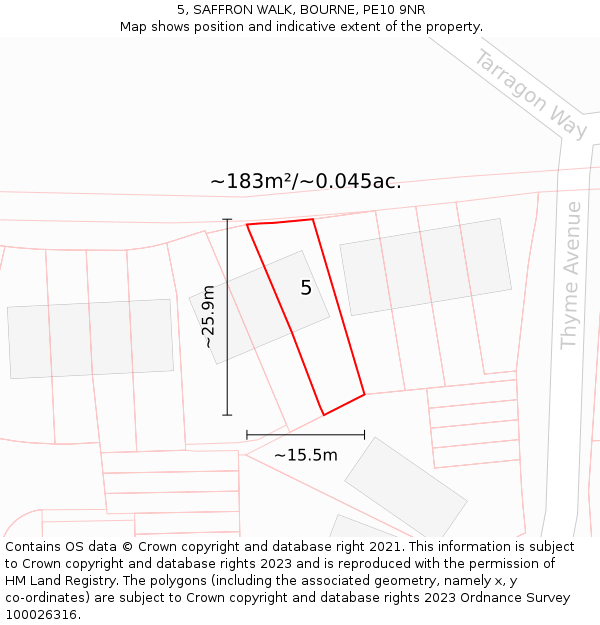 5, SAFFRON WALK, BOURNE, PE10 9NR: Plot and title map