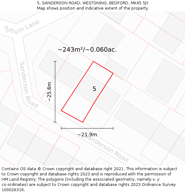 5, SANDERSON ROAD, WESTONING, BEDFORD, MK45 5JY: Plot and title map