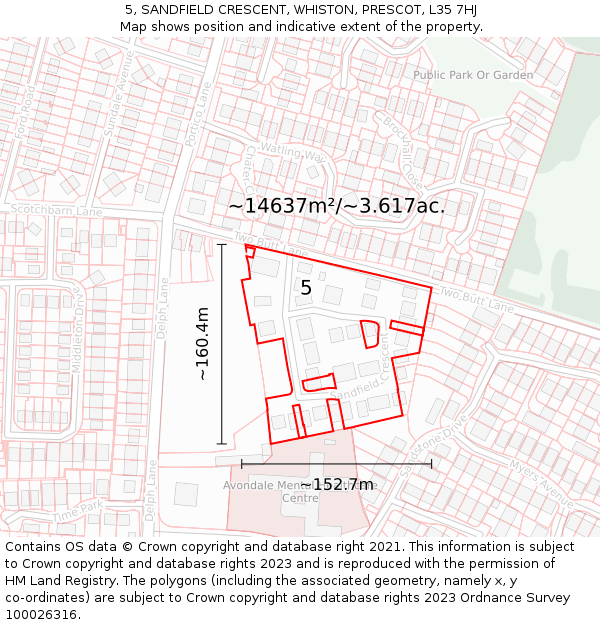 5, SANDFIELD CRESCENT, WHISTON, PRESCOT, L35 7HJ: Plot and title map