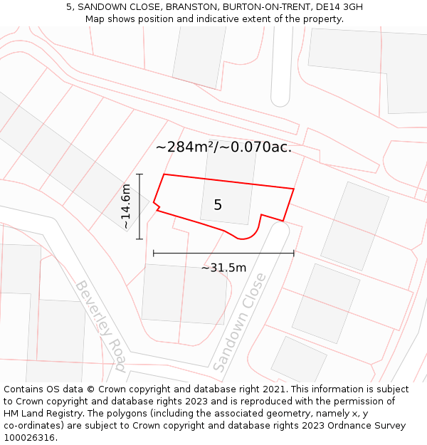 5, SANDOWN CLOSE, BRANSTON, BURTON-ON-TRENT, DE14 3GH: Plot and title map