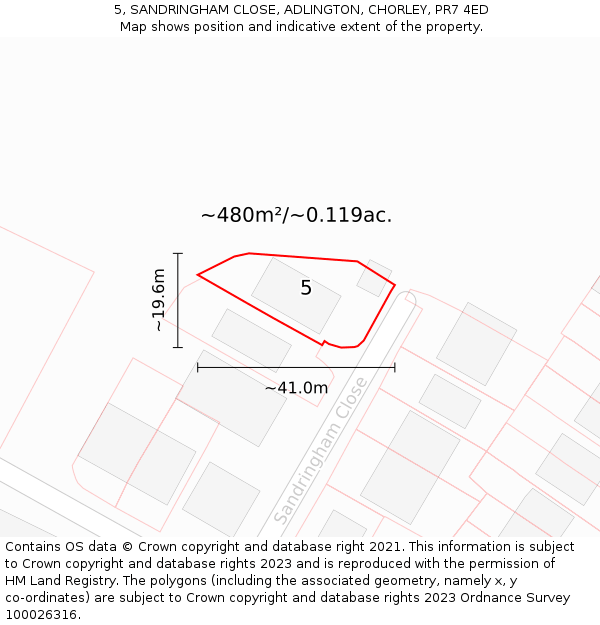 5, SANDRINGHAM CLOSE, ADLINGTON, CHORLEY, PR7 4ED: Plot and title map