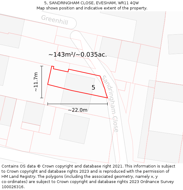 5, SANDRINGHAM CLOSE, EVESHAM, WR11 4QW: Plot and title map