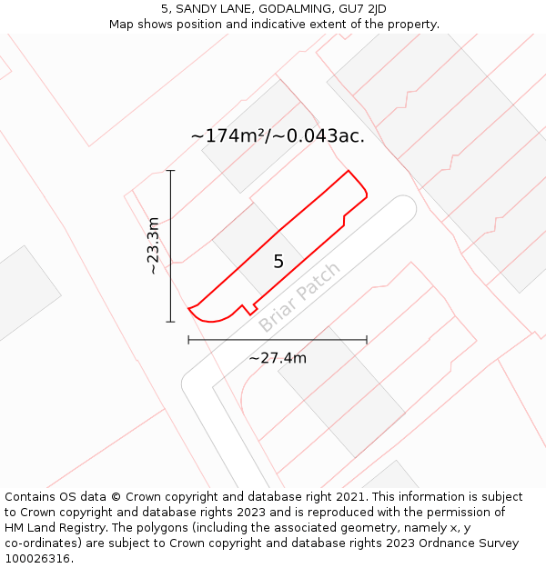 5, SANDY LANE, GODALMING, GU7 2JD: Plot and title map