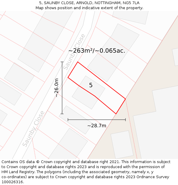5, SAUNBY CLOSE, ARNOLD, NOTTINGHAM, NG5 7LA: Plot and title map