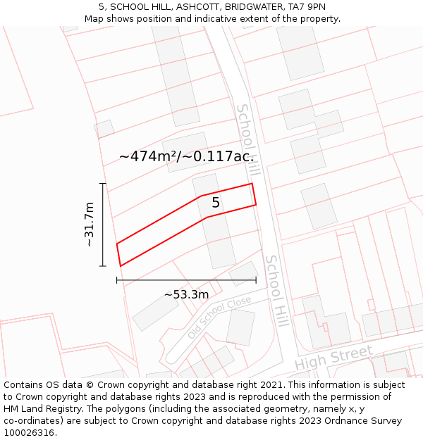 5, SCHOOL HILL, ASHCOTT, BRIDGWATER, TA7 9PN: Plot and title map