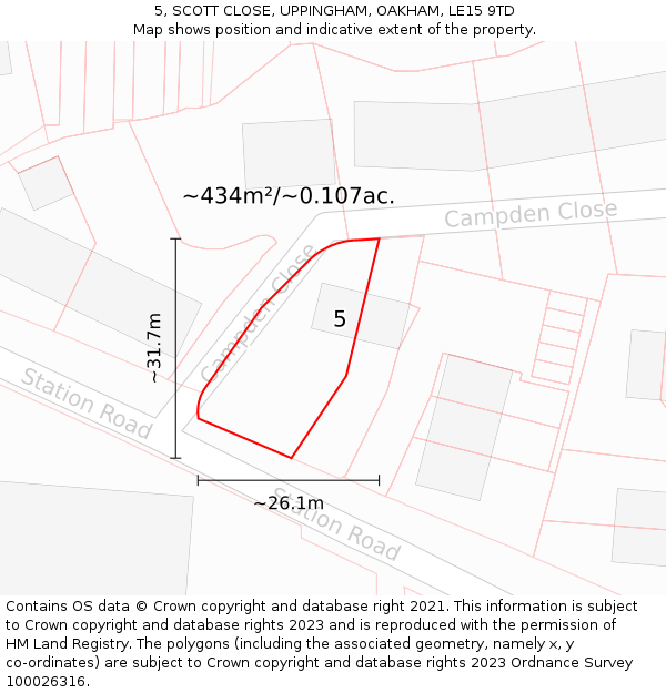 5, SCOTT CLOSE, UPPINGHAM, OAKHAM, LE15 9TD: Plot and title map