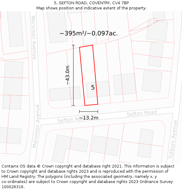 5, SEFTON ROAD, COVENTRY, CV4 7BP: Plot and title map