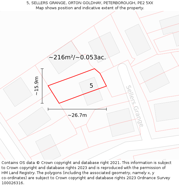 5, SELLERS GRANGE, ORTON GOLDHAY, PETERBOROUGH, PE2 5XX: Plot and title map