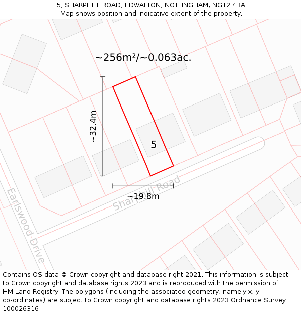 5, SHARPHILL ROAD, EDWALTON, NOTTINGHAM, NG12 4BA: Plot and title map