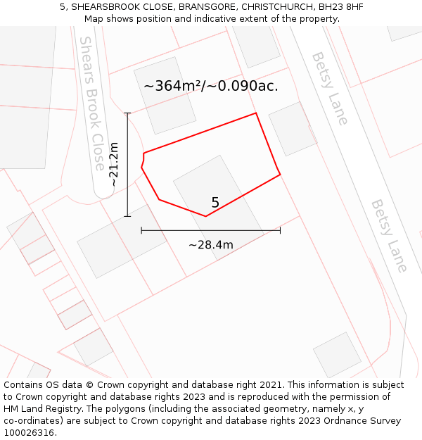 5, SHEARSBROOK CLOSE, BRANSGORE, CHRISTCHURCH, BH23 8HF: Plot and title map
