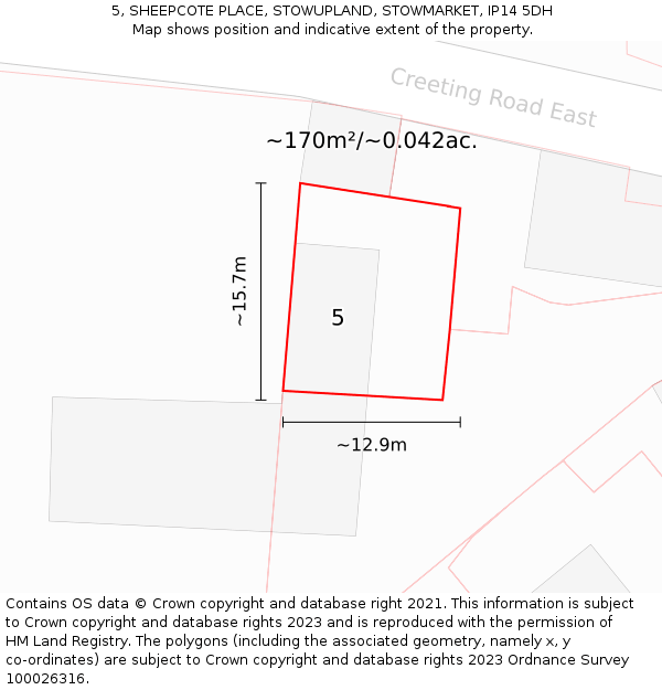 5, SHEEPCOTE PLACE, STOWUPLAND, STOWMARKET, IP14 5DH: Plot and title map