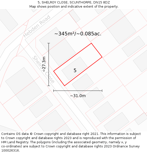 5, SHELROY CLOSE, SCUNTHORPE, DN15 8DZ: Plot and title map