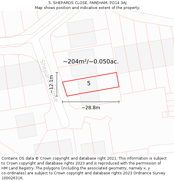 5, SHEPARDS CLOSE, FAREHAM, PO14 3AJ: Plot and title map