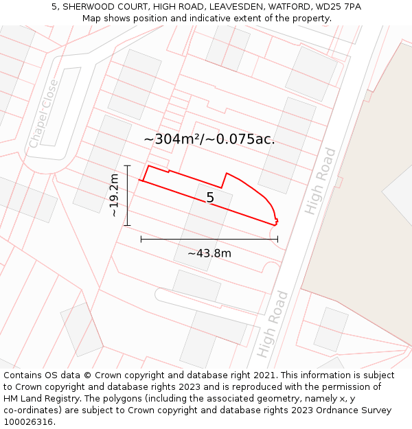 5, SHERWOOD COURT, HIGH ROAD, LEAVESDEN, WATFORD, WD25 7PA: Plot and title map