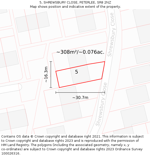 5, SHREWSBURY CLOSE, PETERLEE, SR8 2NZ: Plot and title map