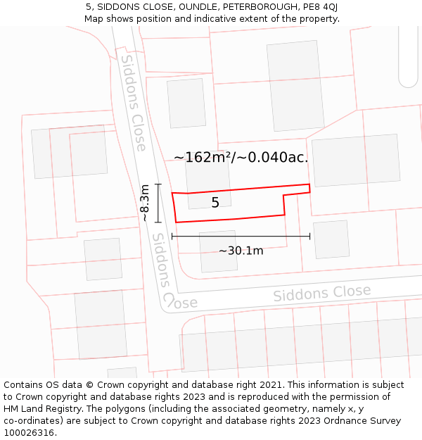 5, SIDDONS CLOSE, OUNDLE, PETERBOROUGH, PE8 4QJ: Plot and title map