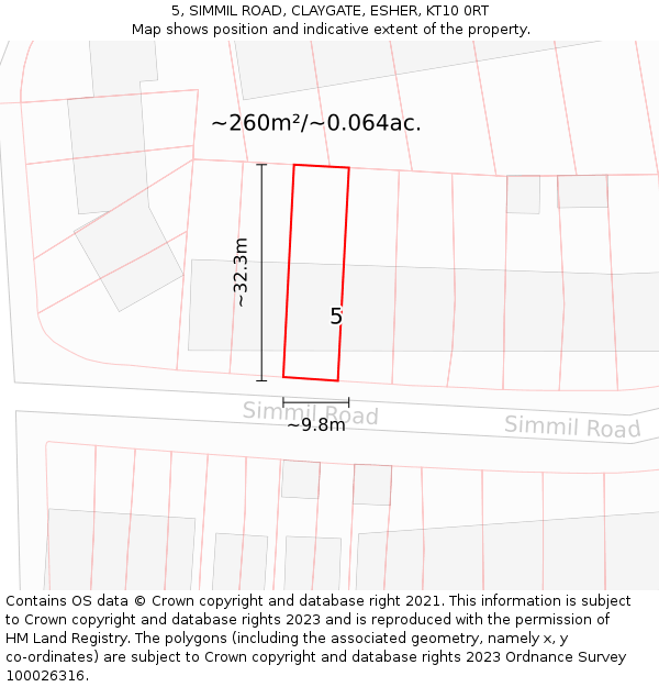 5, SIMMIL ROAD, CLAYGATE, ESHER, KT10 0RT: Plot and title map