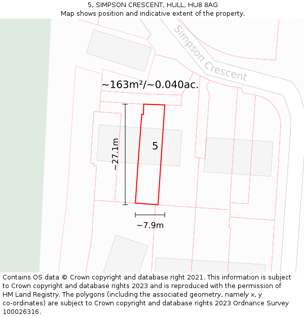 5, SIMPSON CRESCENT, HULL, HU8 8AG: Plot and title map