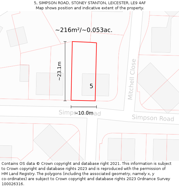5, SIMPSON ROAD, STONEY STANTON, LEICESTER, LE9 4AF: Plot and title map