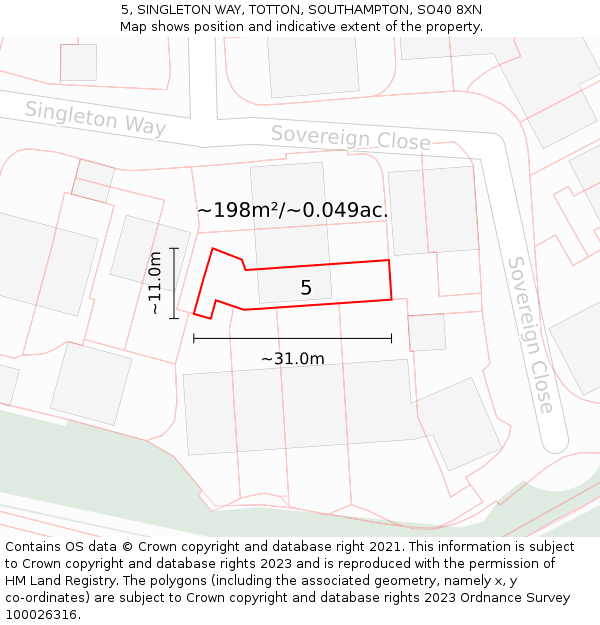 5, SINGLETON WAY, TOTTON, SOUTHAMPTON, SO40 8XN: Plot and title map