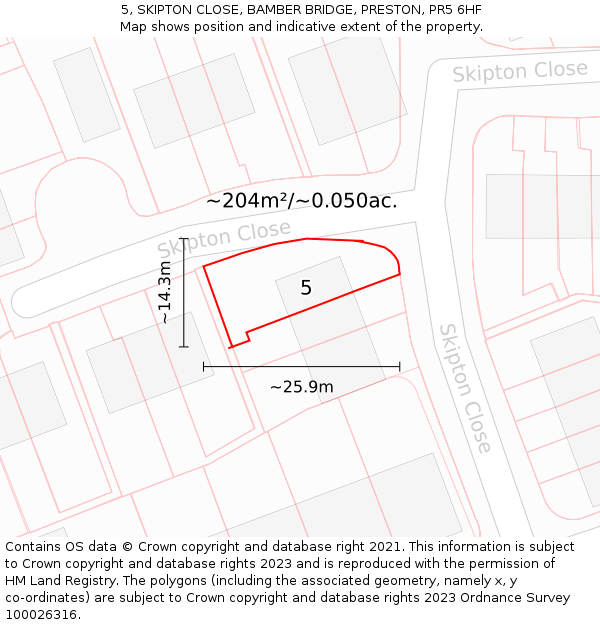 5, SKIPTON CLOSE, BAMBER BRIDGE, PRESTON, PR5 6HF: Plot and title map