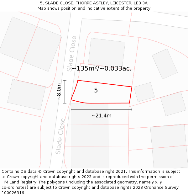 5, SLADE CLOSE, THORPE ASTLEY, LEICESTER, LE3 3AJ: Plot and title map
