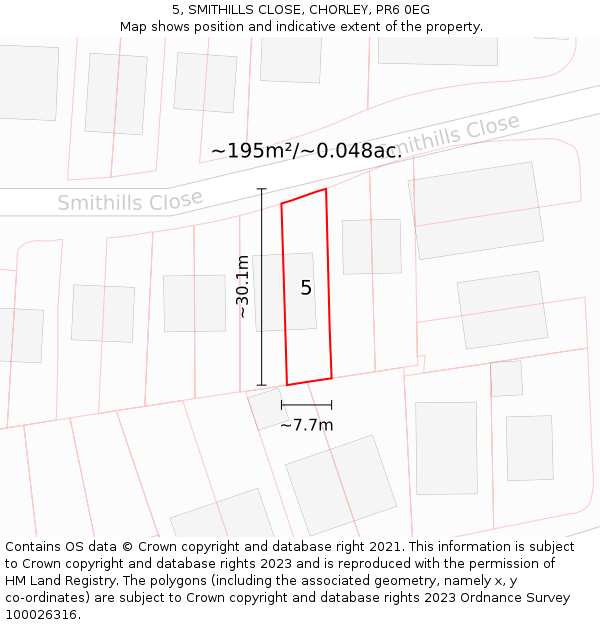 5, SMITHILLS CLOSE, CHORLEY, PR6 0EG: Plot and title map