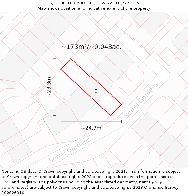 5, SORRELL GARDENS, NEWCASTLE, ST5 3FA: Plot and title map