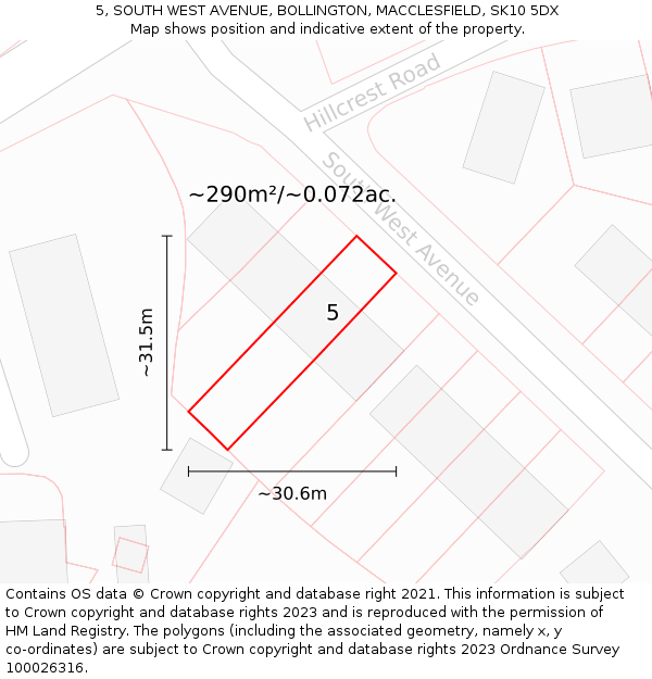 5, SOUTH WEST AVENUE, BOLLINGTON, MACCLESFIELD, SK10 5DX: Plot and title map
