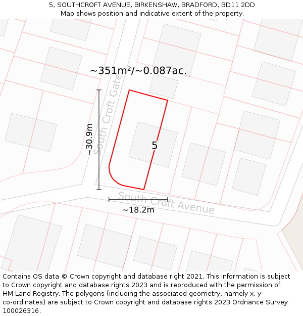5, SOUTHCROFT AVENUE, BIRKENSHAW, BRADFORD, BD11 2DD: Plot and title map