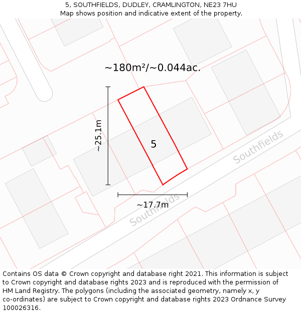 5, SOUTHFIELDS, DUDLEY, CRAMLINGTON, NE23 7HU: Plot and title map