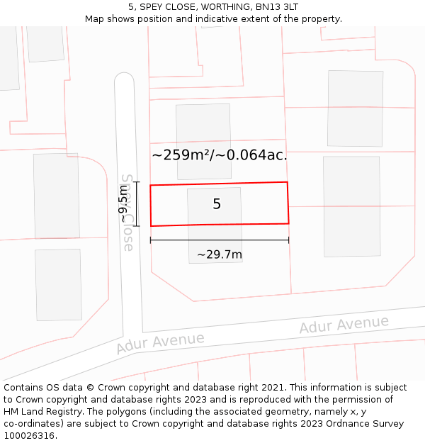 5, SPEY CLOSE, WORTHING, BN13 3LT: Plot and title map