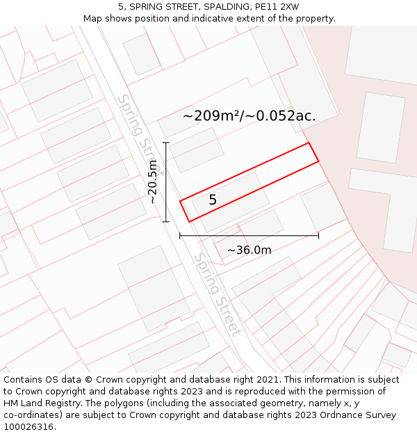 5, SPRING STREET, SPALDING, PE11 2XW: Plot and title map