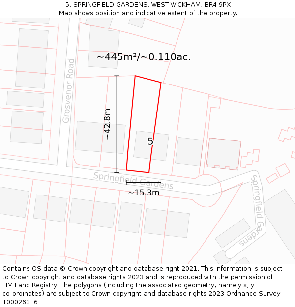 5, SPRINGFIELD GARDENS, WEST WICKHAM, BR4 9PX: Plot and title map