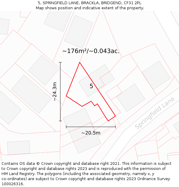 5, SPRINGFIELD LANE, BRACKLA, BRIDGEND, CF31 2PL: Plot and title map
