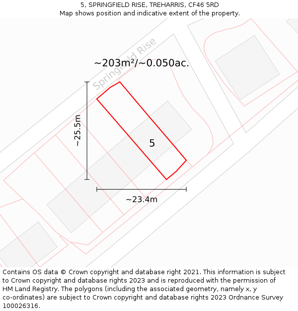 5, SPRINGFIELD RISE, TREHARRIS, CF46 5RD: Plot and title map