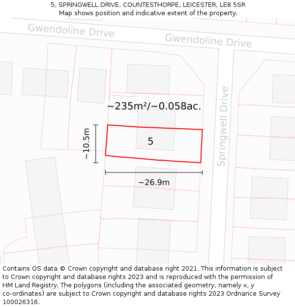 5, SPRINGWELL DRIVE, COUNTESTHORPE, LEICESTER, LE8 5SR: Plot and title map