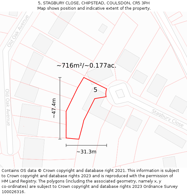 5, STAGBURY CLOSE, CHIPSTEAD, COULSDON, CR5 3PH: Plot and title map