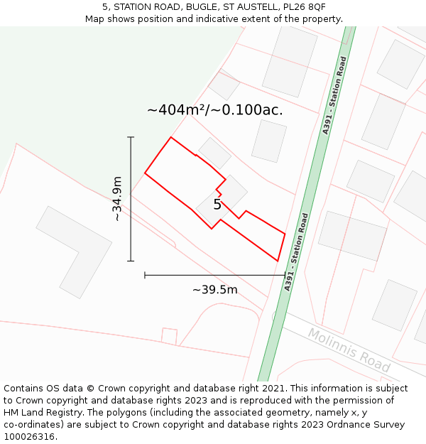 5, STATION ROAD, BUGLE, ST AUSTELL, PL26 8QF: Plot and title map