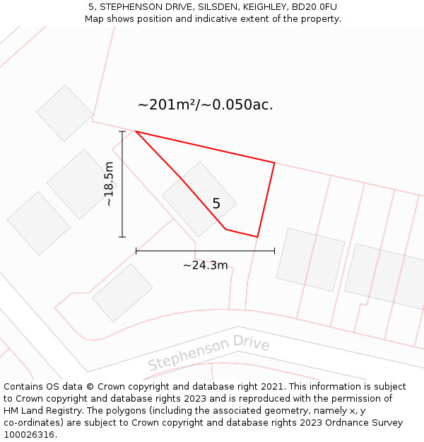 5, STEPHENSON DRIVE, SILSDEN, KEIGHLEY, BD20 0FU: Plot and title map