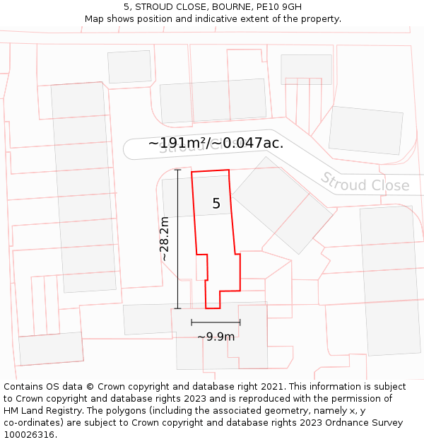 5, STROUD CLOSE, BOURNE, PE10 9GH: Plot and title map