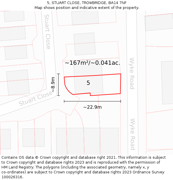 5, STUART CLOSE, TROWBRIDGE, BA14 7NF: Plot and title map